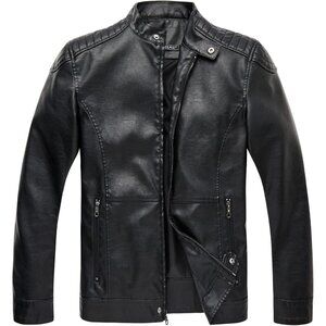 Men’s Black WULFUL Stand Collar Faux Leather Motorcycle Lightweight Jacket